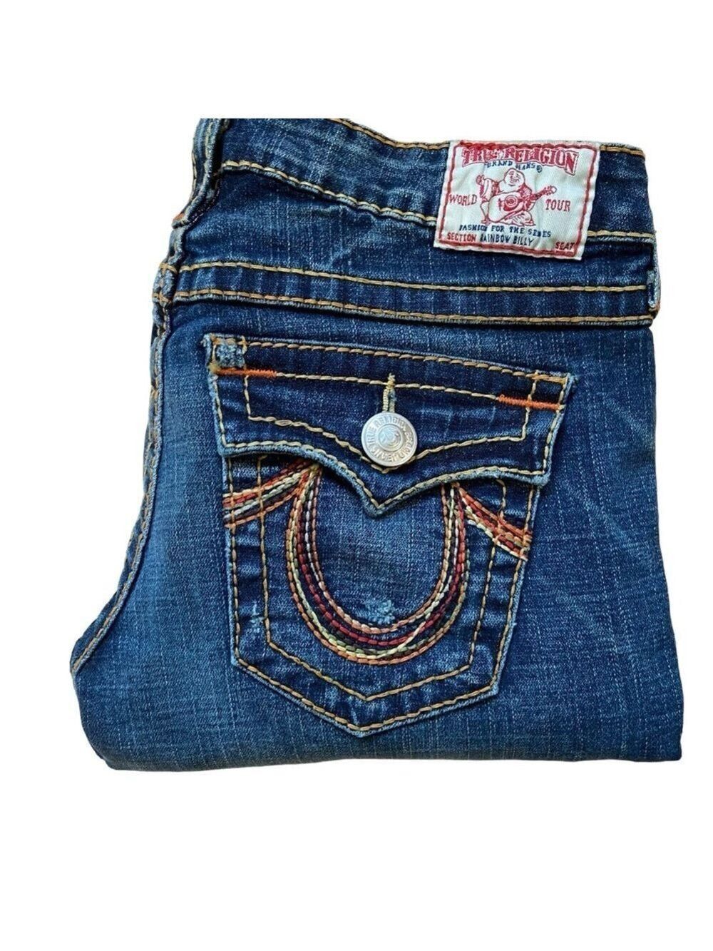 True Religion jeans Rainbow Billy sexy low rise flap pockets raw hems size 28